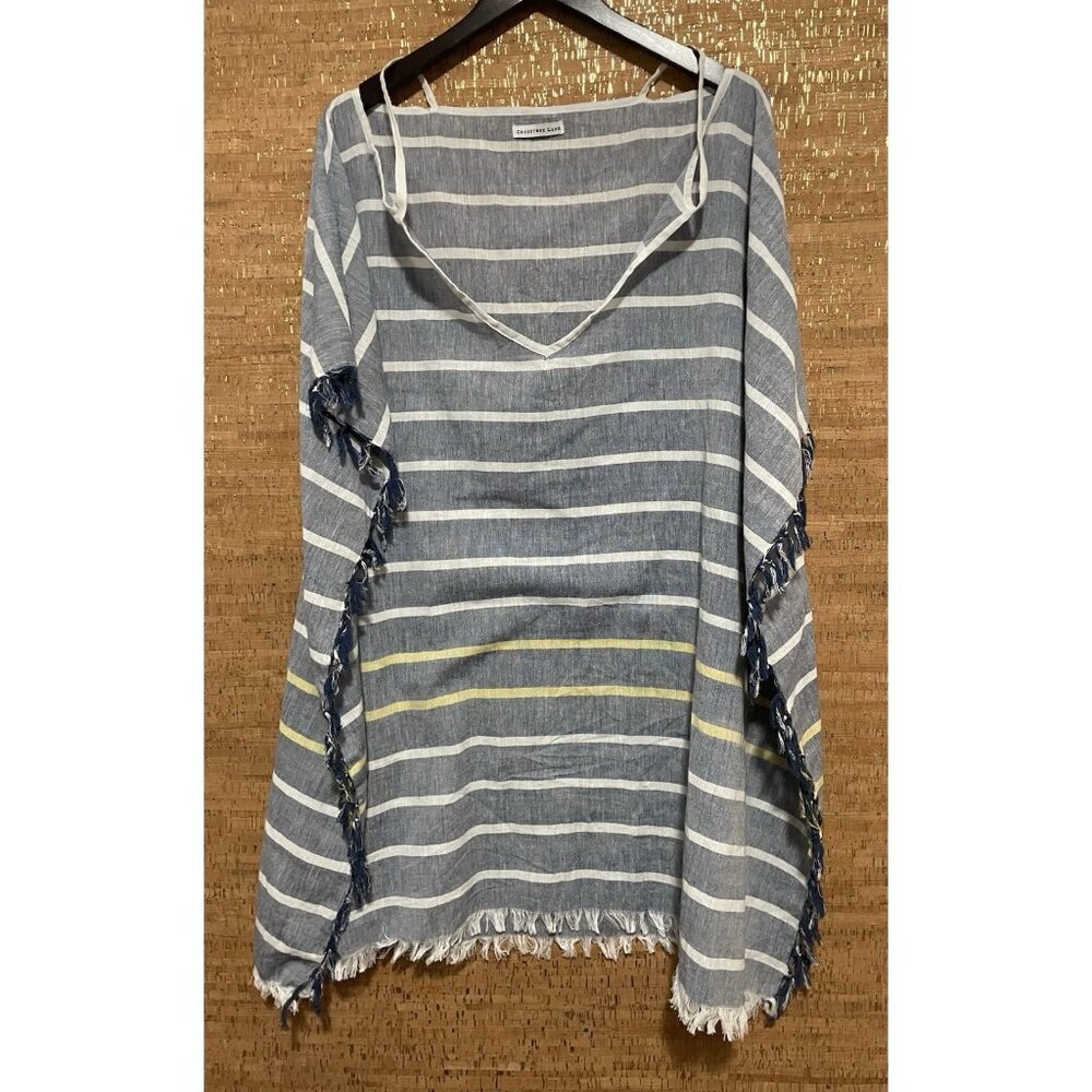 Tassled Beachy Swim Cover Up Blue White Stripe 100% Cotton One Size